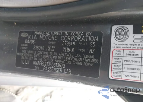 2006 Kia Spectra Ex/Lx/Sx from USA, damaged, VIN KNAFE121365313673